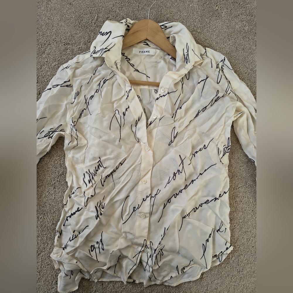 Silky Frame Script Writing Button Down Shirt Small - Picture 9 of 12